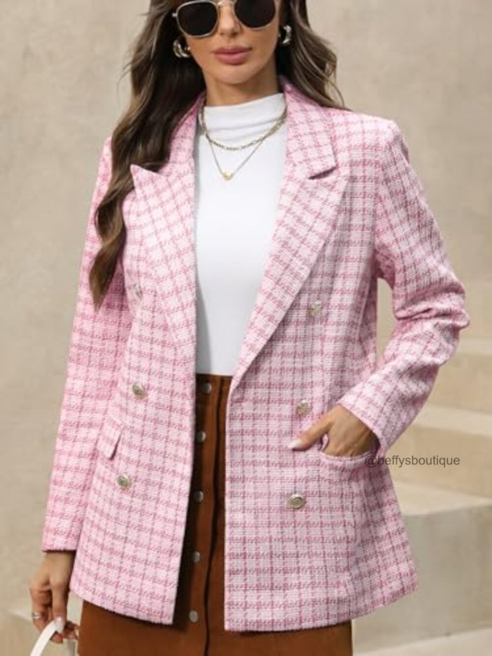 Oversized Plaid Tweed Blazer Double Breasted Boyfriend Style Jacket - Picture 3 of 7